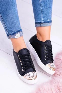 Boto Trampki Damskie Niskie*Lu Boo Czarne Trampki z Błyszczącymi Kryształami