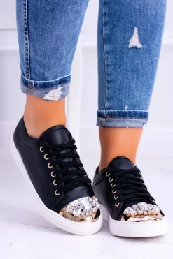 Boto Trampki Damskie Niskie*Lu Boo Czarne Trampki z Błyszczącymi Kryształami