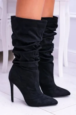 Damskie Boto Lu Boo Czarne Wysokie Zamszowe Botki na Szpilce Bellisario