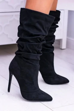 Damskie Boto Lu Boo Czarne Wysokie Zamszowe Botki na Szpilce Bellisario