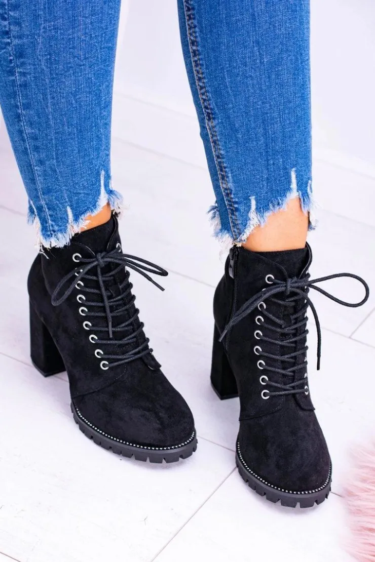 New Boto Lu Boo Czarne Zamszowe Botki na Słupku Cyrkonie Halsey