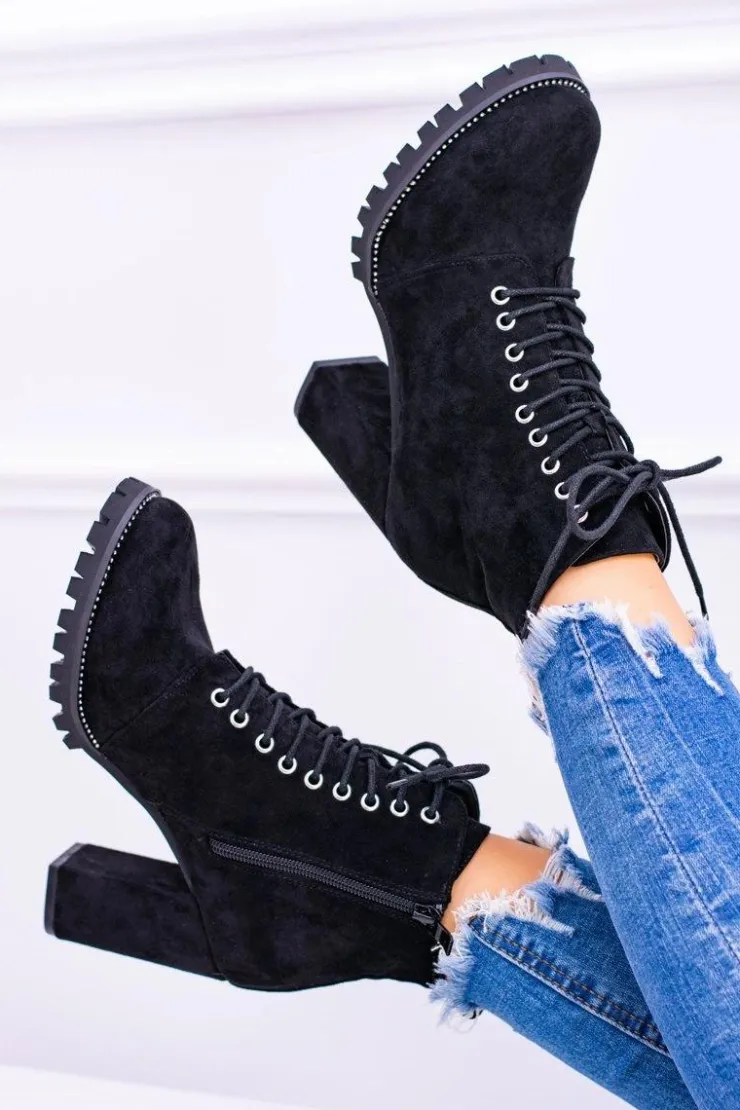 New Boto Lu Boo Czarne Zamszowe Botki na Słupku Cyrkonie Halsey