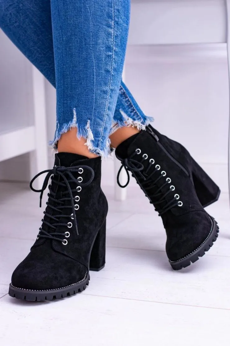 New Boto Lu Boo Czarne Zamszowe Botki na Słupku Cyrkonie Halsey