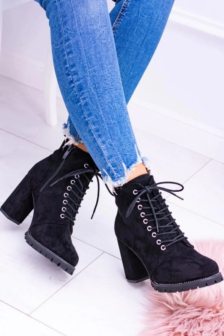 New Boto Lu Boo Czarne Zamszowe Botki na Słupku Cyrkonie Halsey