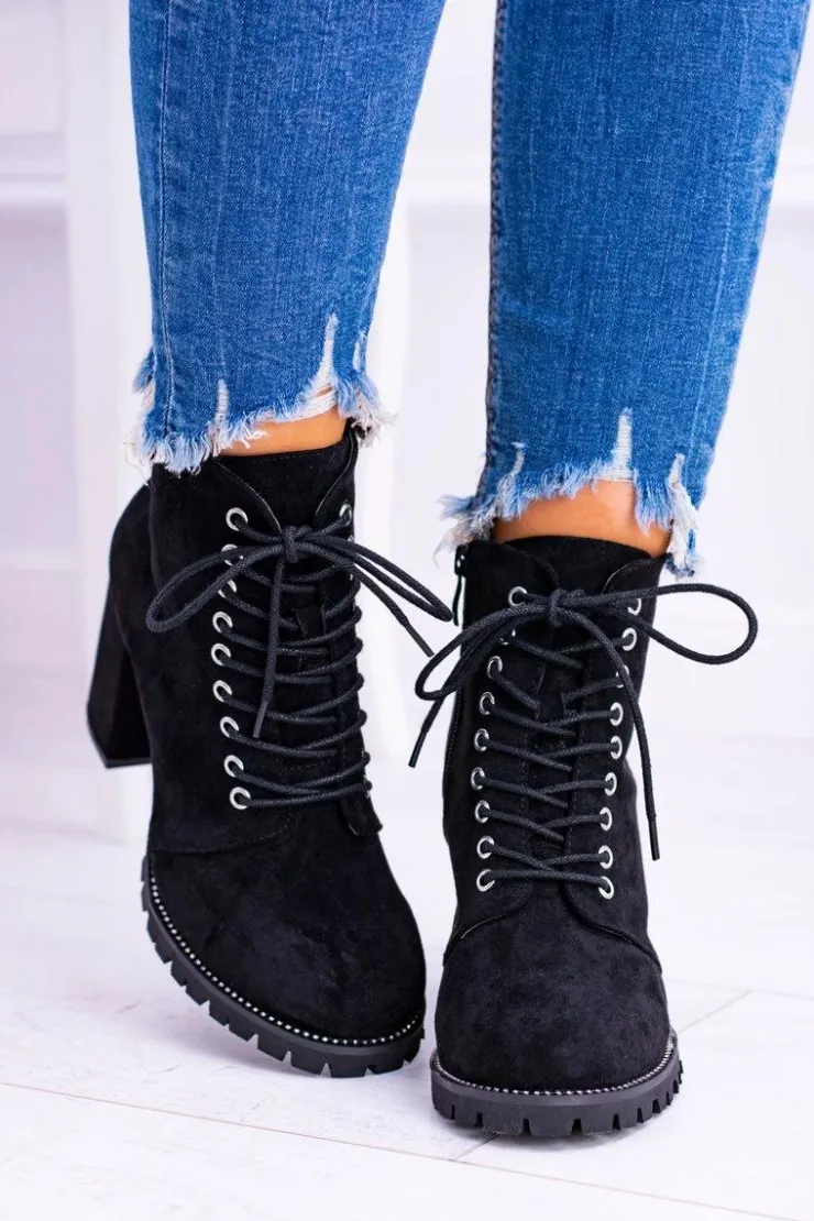 New Boto Lu Boo Czarne Zamszowe Botki na Słupku Cyrkonie Halsey