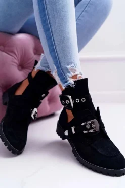 Damskie Boto Lu Boo Czarne Zamszowe Botki Z Wycięciami Rock Girl