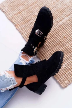 Damskie Boto Lu Boo Czarne Zamszowe Botki Z Wycięciami Rock Girl