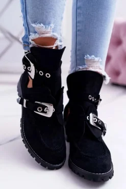 Damskie Boto Lu Boo Czarne Zamszowe Botki Z Wycięciami Rock Girl