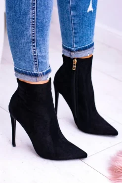 Damskie Boto Lu Boo Czarne Zamszowe Botki na Szpilce Veneci