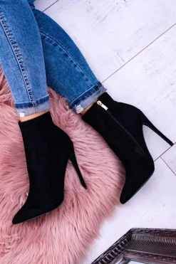 Damskie Boto Lu Boo Czarne Zamszowe Botki na Szpilce Veneci