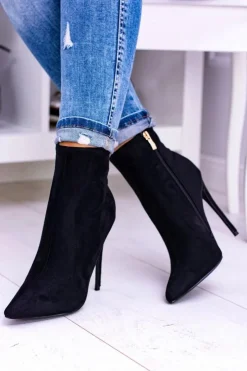 Damskie Boto Lu Boo Czarne Zamszowe Botki na Szpilce Veneci