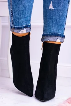 Damskie Boto Lu Boo Czarne Zamszowe Botki na Szpilce Veneci