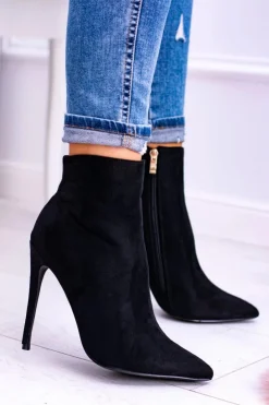 Damskie Boto Lu Boo Czarne Zamszowe Botki na Szpilce Veneci