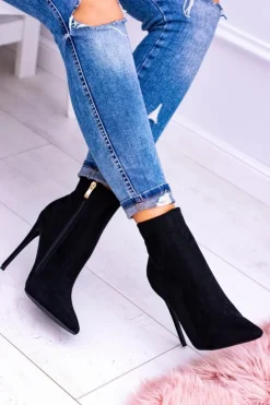 Damskie Boto Lu Boo Czarne Zamszowe Botki na Szpilce Veneci