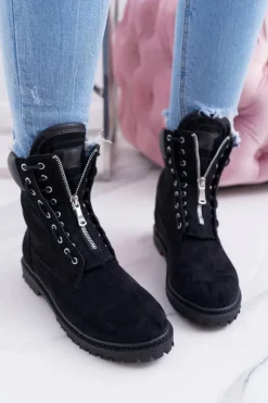 Discount Boto Lu Boo Czarne Zamszowe Damskie Timberki Trapery Suwaki Nancy