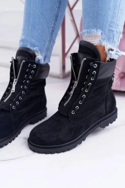 Discount Boto Lu Boo Czarne Zamszowe Damskie Timberki Trapery Suwaki Nancy