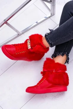 Boto Botki Na Koturnie|Botki Sznurowane*Lu Boo Czerwone Botki z Naturalnym Futrem Gisele