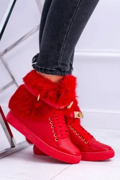 Boto Botki Na Koturnie|Botki Sznurowane*Lu Boo Czerwone Botki z Naturalnym Futrem Gisele