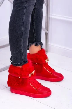 Boto Botki Na Koturnie|Botki Sznurowane*Lu Boo Czerwone Botki z Naturalnym Futrem Gisele
