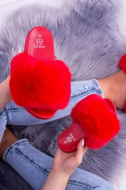 Damskie Boto Lu Boo Czerwone Damskie Klapki Z Futerkiem FUR XXL