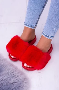 Damskie Boto Lu Boo Czerwone Damskie Klapki Z Futerkiem FUR XXL