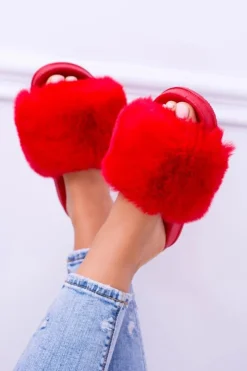 Damskie Boto Lu Boo Czerwone Damskie Klapki Z Futerkiem FUR XXL