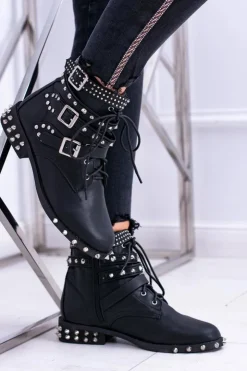 Boto Botki Sznurowane|Botki Płaskie*Lu Boo Damskie Botki Verona Z Ćwiekami Kolce Klamry Rock