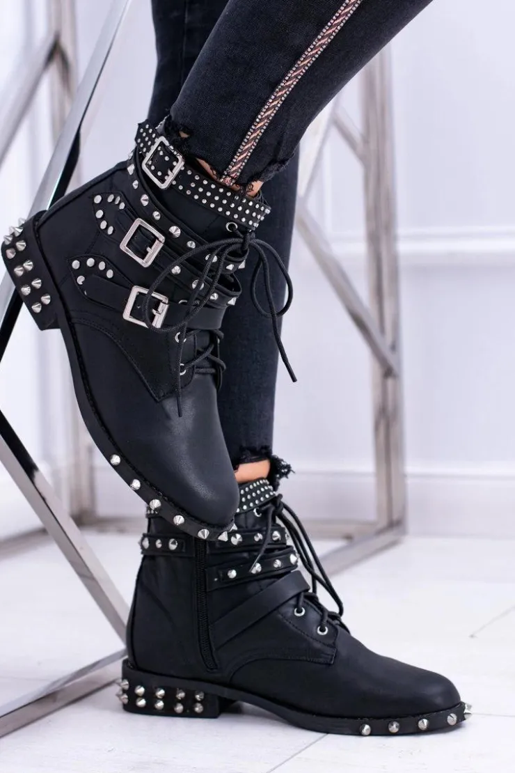 Boto Botki Sznurowane|Botki Płaskie*Lu Boo Damskie Botki Verona Z Ćwiekami Kolce Klamry Rock