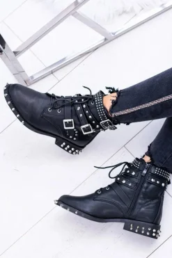 Boto Botki Sznurowane|Botki Płaskie*Lu Boo Damskie Botki Verona Z Ćwiekami Kolce Klamry Rock