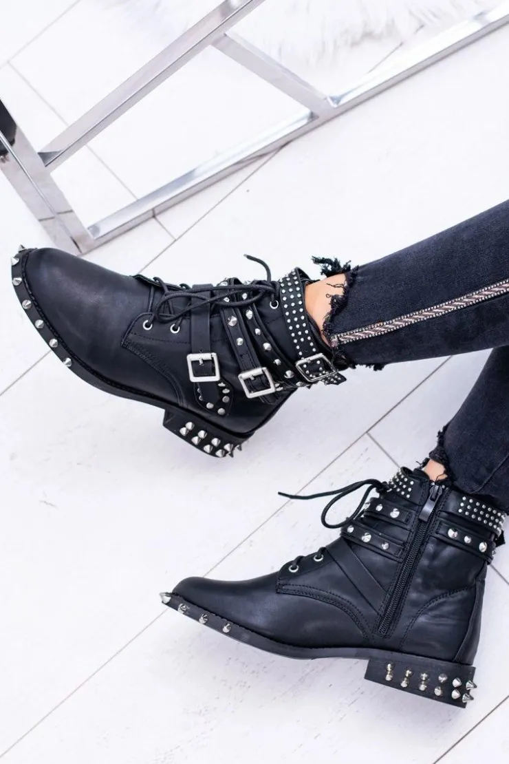 Boto Botki Sznurowane|Botki Płaskie*Lu Boo Damskie Botki Verona Z Ćwiekami Kolce Klamry Rock