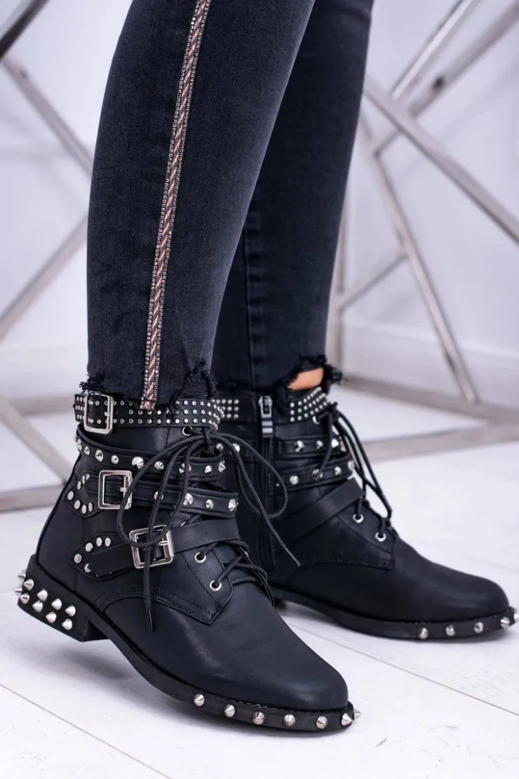 Boto Botki Sznurowane|Botki Płaskie*Lu Boo Damskie Botki Verona Z Ćwiekami Kolce Klamry Rock