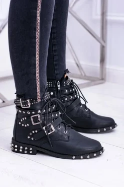 Boto Botki Sznurowane|Botki Płaskie*Lu Boo Damskie Botki Verona Z Ćwiekami Kolce Klamry Rock