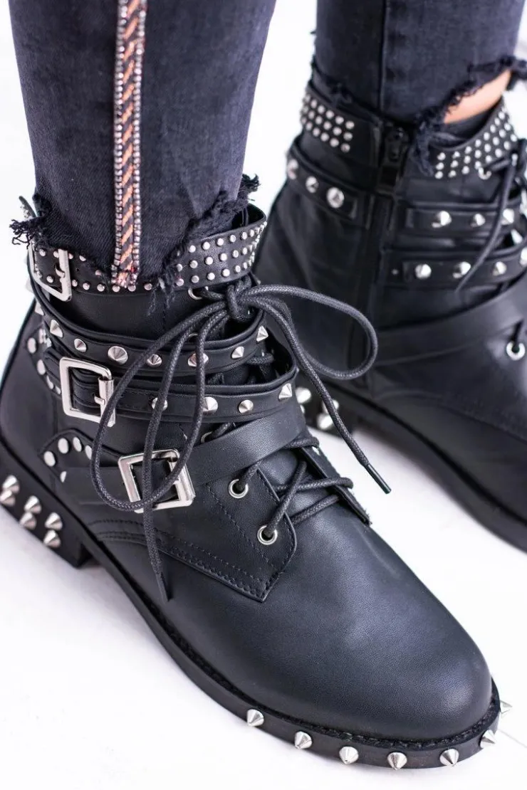 Boto Botki Sznurowane|Botki Płaskie*Lu Boo Damskie Botki Verona Z Ćwiekami Kolce Klamry Rock