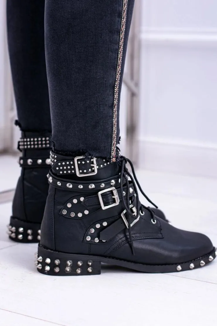 Boto Botki Sznurowane|Botki Płaskie*Lu Boo Damskie Botki Verona Z Ćwiekami Kolce Klamry Rock