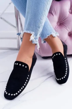 Boto Mokasyny Damskie Zamszowe*Lu Boo Damskie Czarne Lordsy Baleriny z Dżetami Planta