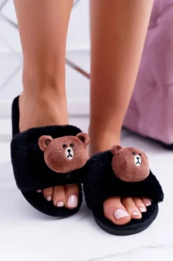 Hot Boto Lu Boo Damskie Czarne Pluszowe Klapki Z Misiem Teddy