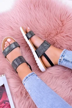 Boto Sandały Płaskie*Lu Boo Damskie Czarne Sandały Z Cyrkoniami Perfect