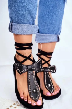 Boto Sandały Płaskie*Lu Boo Damskie Czarne Wiązane Sandały Japonki Mara