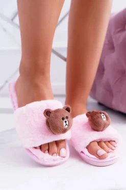 Outlet Boto Lu Boo Damskie Pluszowe Klapki Z Misiem Teddy Różowe