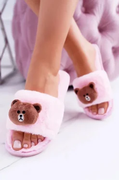 Outlet Boto Lu Boo Damskie Pluszowe Klapki Z Misiem Teddy Różowe