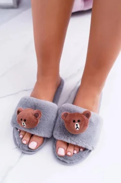 Damskie Boto Lu Boo Damskie Szare Pluszowe Klapki Z Misiem Teddy