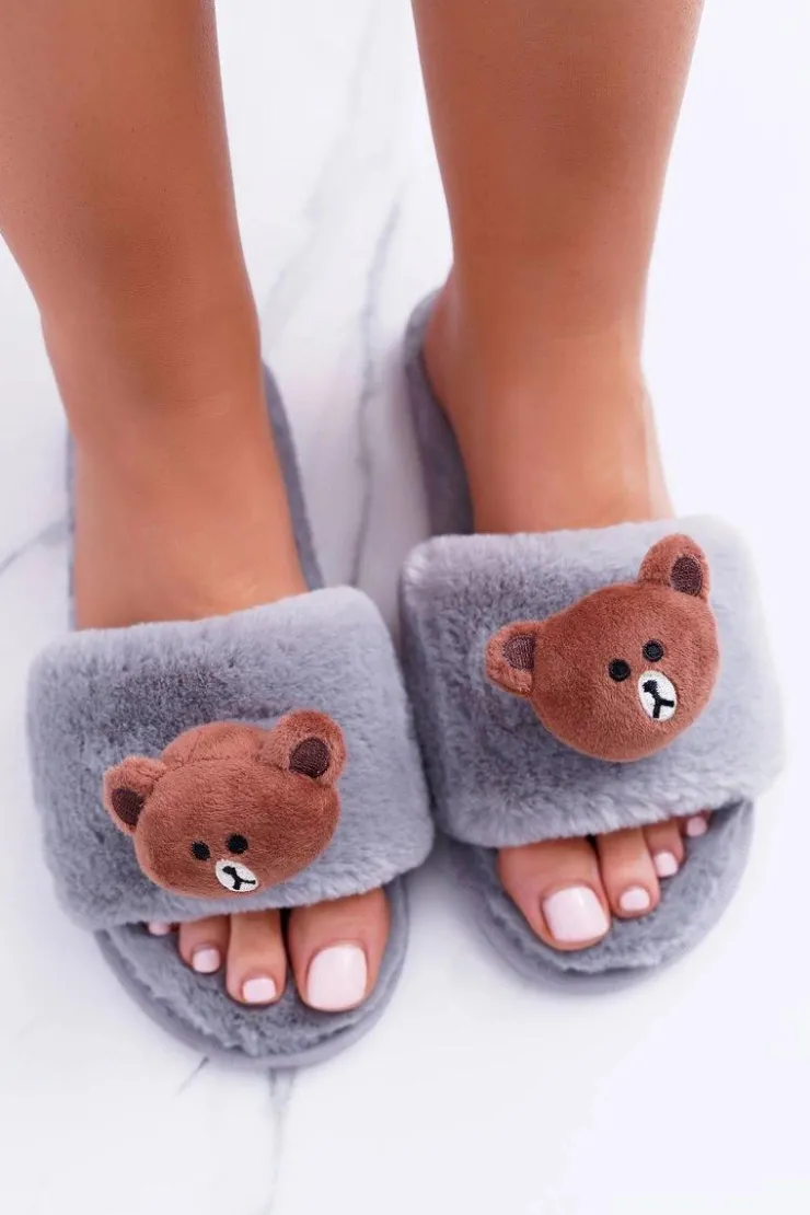 Damskie Boto Lu Boo Damskie Szare Pluszowe Klapki Z Misiem Teddy