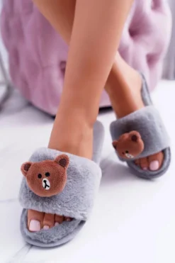Damskie Boto Lu Boo Damskie Szare Pluszowe Klapki Z Misiem Teddy