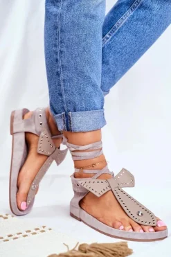 Boto Sandały Płaskie*Lu Boo Damskie Szare Wiązane Sandały Japonki Mara