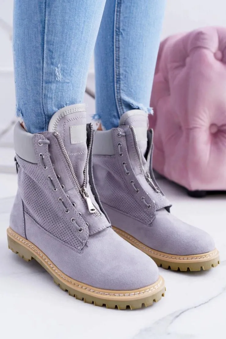 Hot Boto Lu Boo Damskie Szare Zamszowe Timberki Trapery Suwaki Nancy