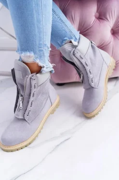 Hot Boto Lu Boo Damskie Szare Zamszowe Timberki Trapery Suwaki Nancy