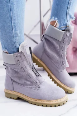 Hot Boto Lu Boo Damskie Szare Zamszowe Timberki Trapery Suwaki Nancy