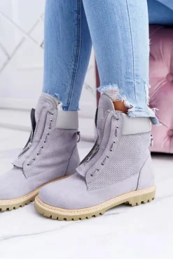Hot Boto Lu Boo Damskie Szare Zamszowe Timberki Trapery Suwaki Nancy