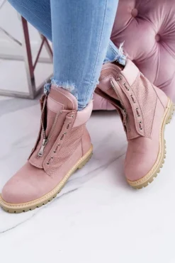 Damskie Boto Lu Boo Damskie Zamszowe Timberki Pudrowy Róż Trapery Suwaki Nancy