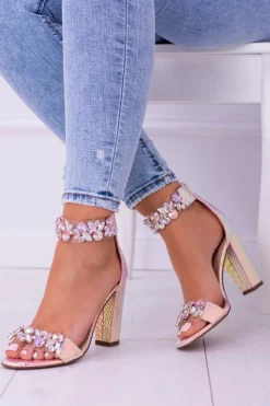 Boto Sandały Na Obcasie*Lu Boo Opalizujące Sandały Champagne Cyrkonie Lambada